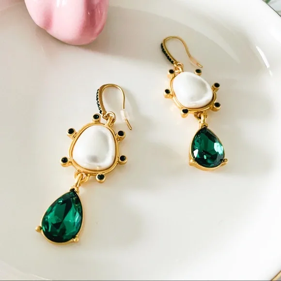 Oscar de la Renta Faux Pearl with Crystal Drop Earrings Green
